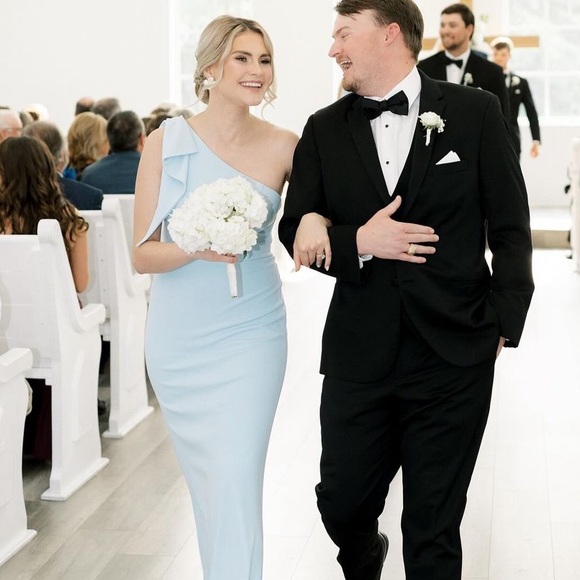 AZAZIE RINNA 
Sky Blue A-Line One Shoulder Stretch Crepe Dress - Picture 2 of 2